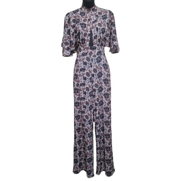 LOVE Brown Blue Tan Floral Print Bohemian Wideleg Jumpsuits Sz Xsmall NWOT - Picture 7 of 10
